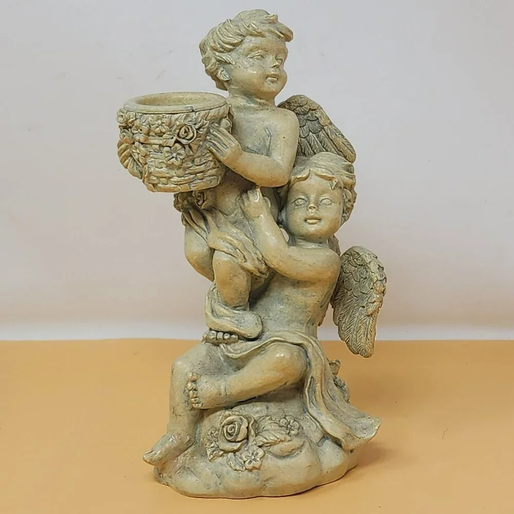 Vintage Cherubs‎ Holding Vase Figurine Decor Resin Angel Candleholder